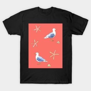 Seagull illustration with coral pink background T-Shirt